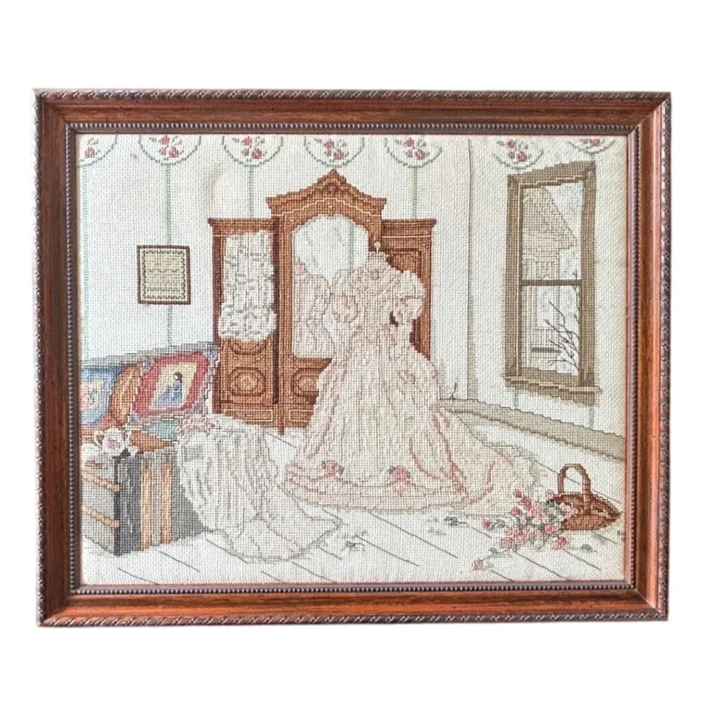 Vintage 90s Cross Stitch Wall Art Framed Victorian Bridal Wedding Cottagecore